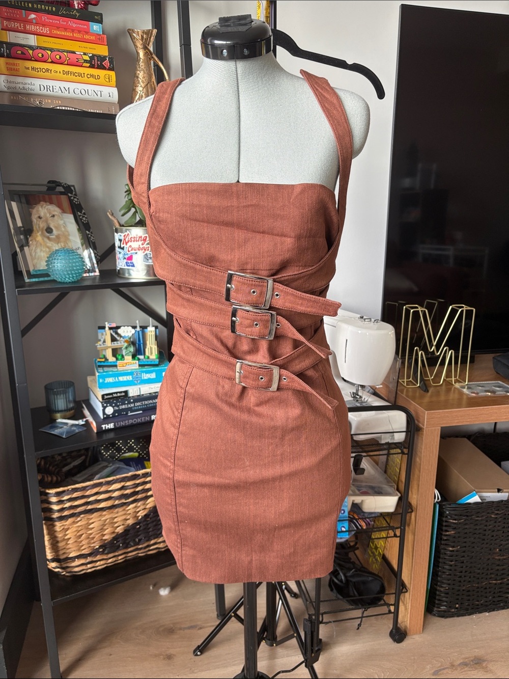 Rust-Brown Belt-Front Mini Dress with Wide Straps - Picture 2 of 5